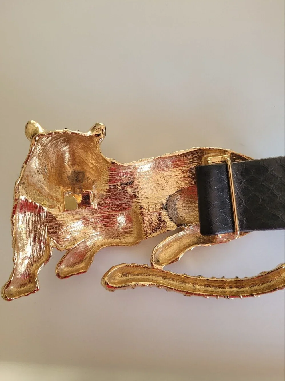 VTG Mimi Di 1987  Leopard Belt Buckle Black Gold Lux Animal  Removable Belt Leat